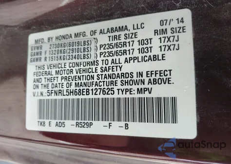 2014 Honda Odyssey Ex-L z USA, uszkodzony, nr VIN 5FNRL5H68EB127625